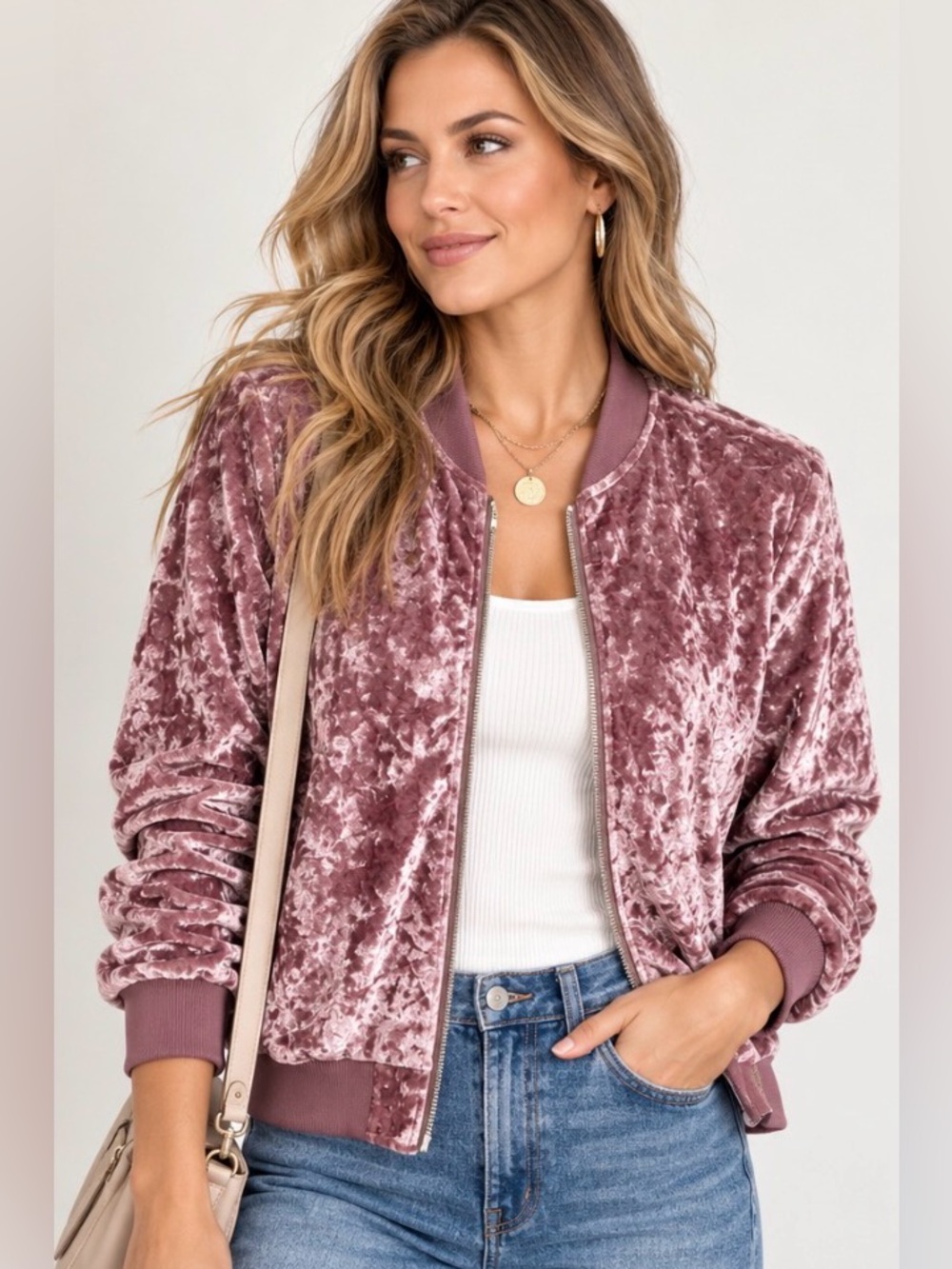 Crushed Velvet Bomber Jacket Pink Zip Closure Sz XL Feminine Holiday